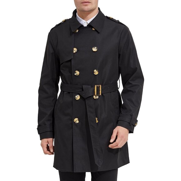 🆕 Men Black Long Double Breasted Trench Coat Belt Light Lape Windbreaker Design - Picture 1 of 6